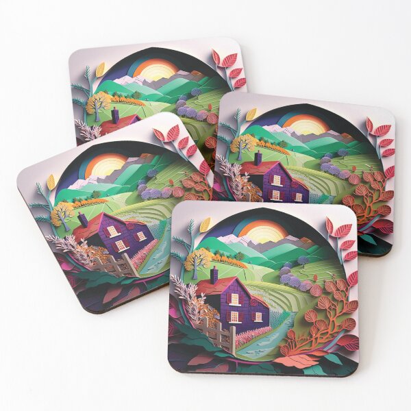 Item preview, beautiful country cabin in a sunset, paper cut style designed and sold by artpapercuts.
