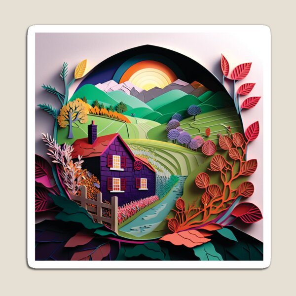 Item preview, beautiful country cabin in a sunset, paper cut style designed and sold by artpapercuts.