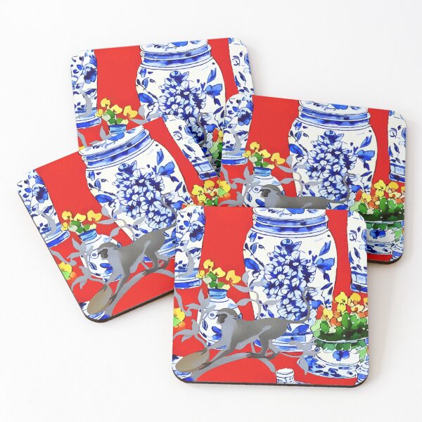 Item preview, Monkey and chinoiserie jars on red designed and sold by SophieClimaArt.