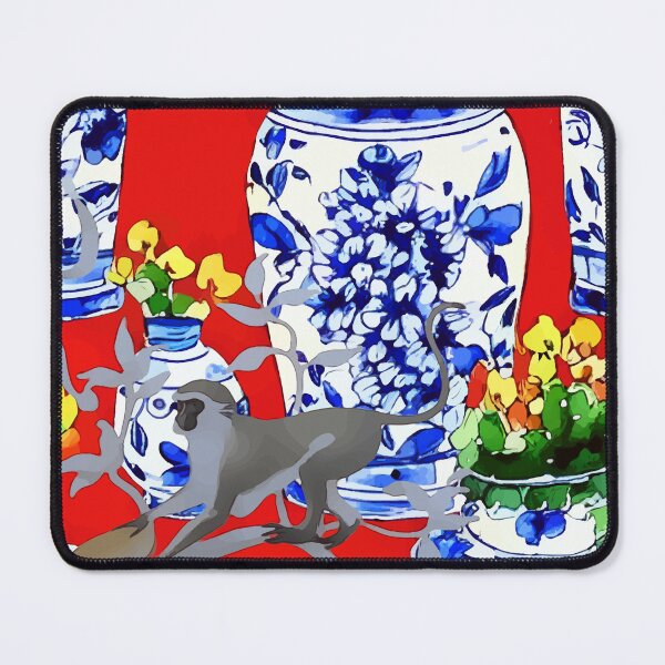 Item preview, Monkey and chinoiserie jars on red designed and sold by SophieClimaArt.