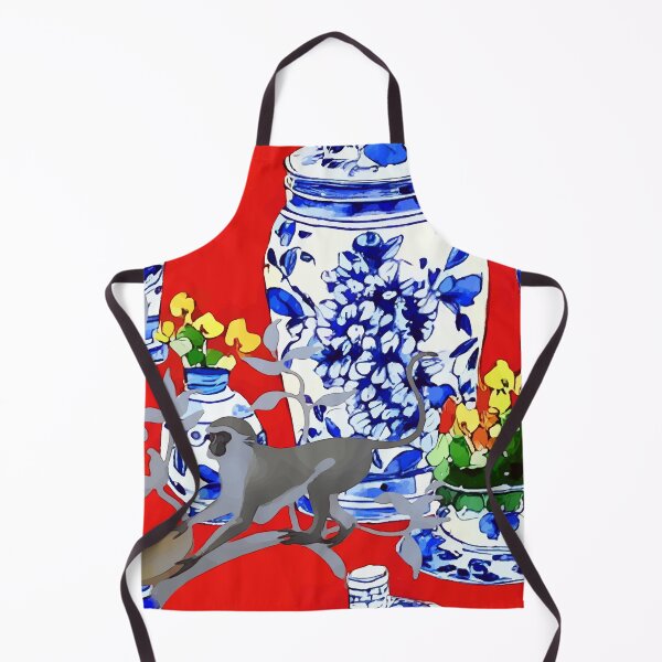 Item preview, Monkey and chinoiserie jars on red designed and sold by SophieClimaArt.
