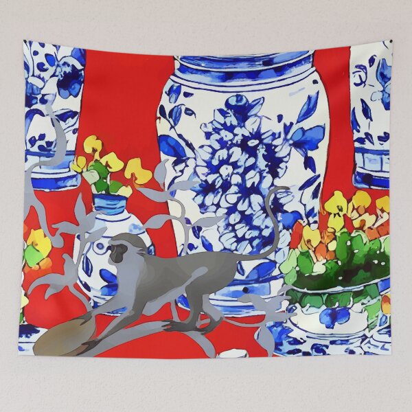 Item preview, Monkey and chinoiserie jars on red designed and sold by SophieClimaArt.