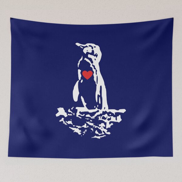 Artikelvorschau, Dark Blue #060D5B Background Galapagos Penguin White Penguin with Red Heart entworfen und verkauft von SBPenguins.