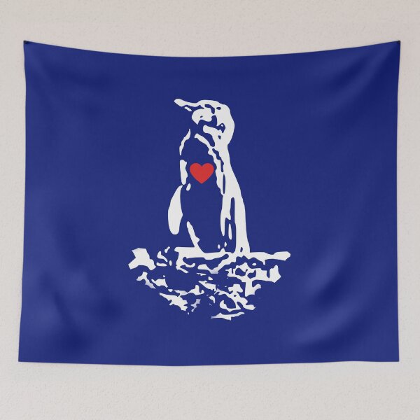 Artikelvorschau, Blue #0F1D7B Background Galapagos Penguin White Penguin with Red Heart entworfen und verkauft von SBPenguins.