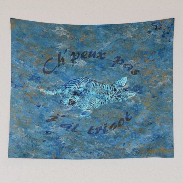 Item preview, Chaton à la pelota - blue-gold marbled version, text in French designed and sold by SylvieG18.
