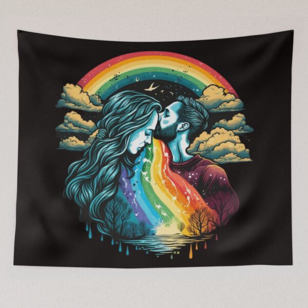 Item preview, Romantic Rainbow Kiss: Art Print of a Loving Couple Embraced by Colors designed and sold by JOY STORE 45.