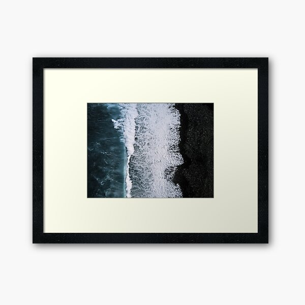 Aerial of a Black Sand Beach with Waves - Oceanscape Framed Art Print