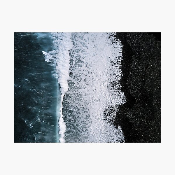 Aerial of a Black Sand Beach with Waves - Oceanscape Photographic Print