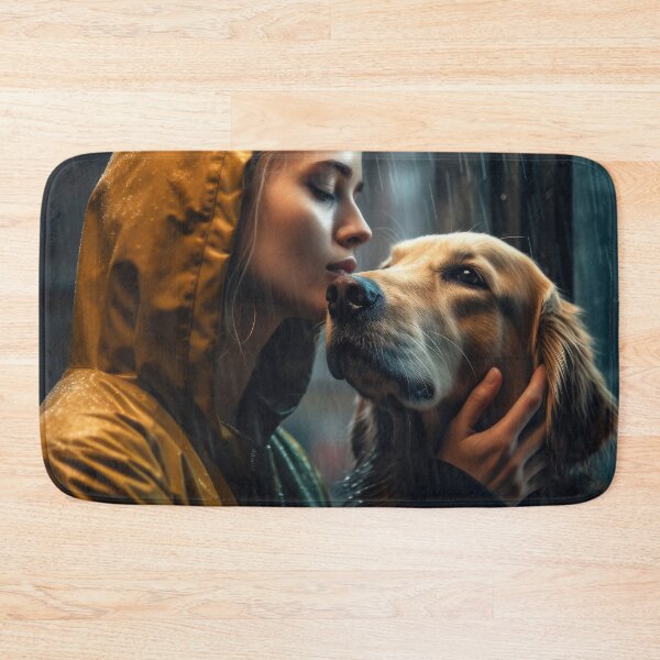 Item preview, Woman kissing her golden retriever in the rain designed and sold by theresa7131.