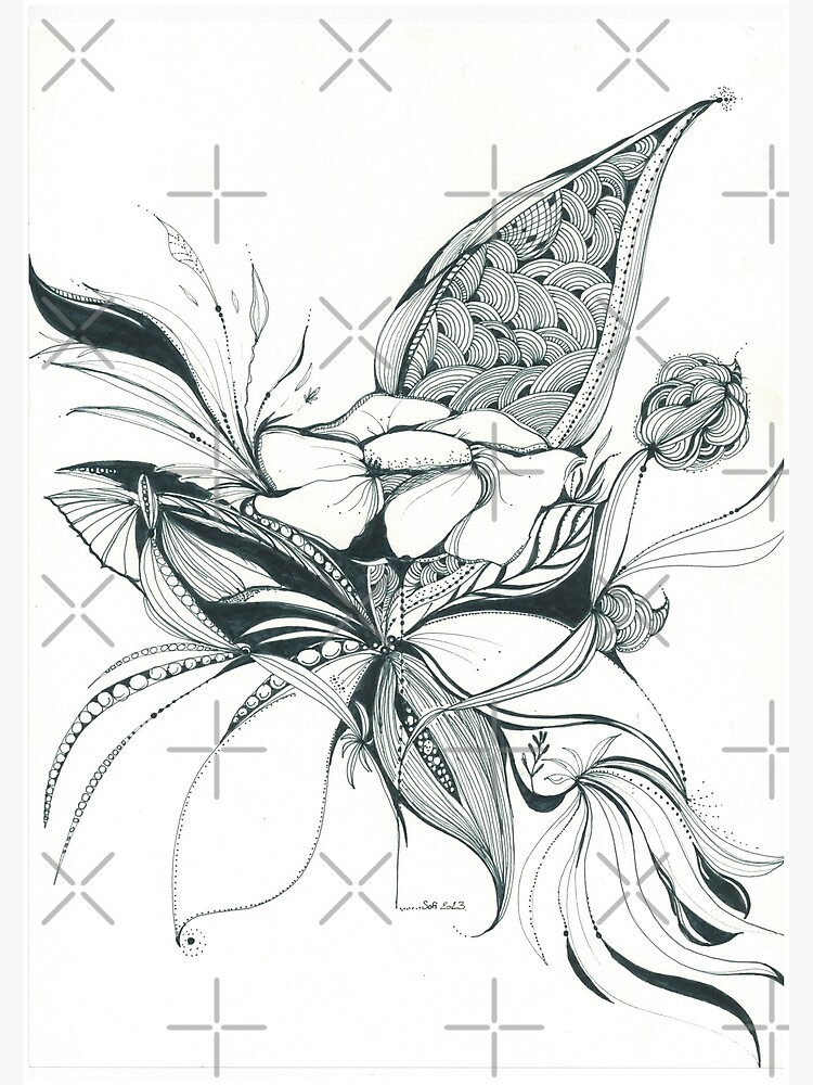 White Pen Artwork, Floral Illustrations