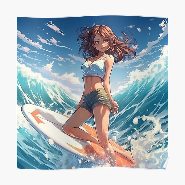 Surfer Anime Girl Surfboard Retro Wave Surfing' Sticker | Spreadshirt