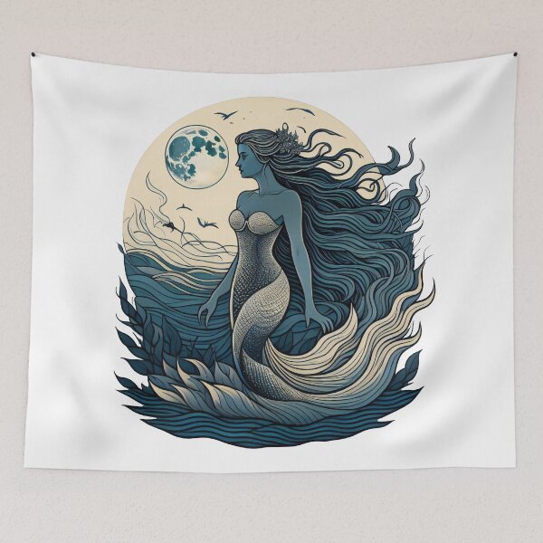 Item preview, Beautiful mermaid with long hair in the moonlight designed and sold by Sanan Israyilli.