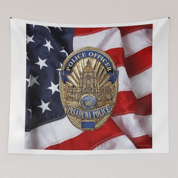 Item preview, Pasadena Police Department - PPD Officer Badge over American Flag designed and sold by Serge Averbukh Art Studio.