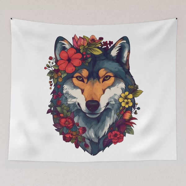 Item preview, Beautiful wolf portrait with flowers, AI art designed and sold by MachinaeDreams.