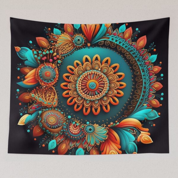Item preview, Stunning blue, pink, turquoise floral mandala in ethnic/Indian style designed and sold by VeronicArt85.