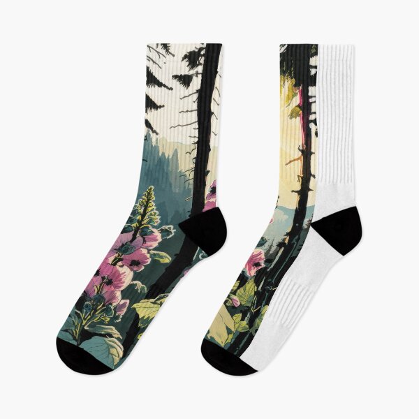 Item preview, Beautiful Pacific Northwest Forest with Hollyhocks designed and sold by PacPixelStudio.
