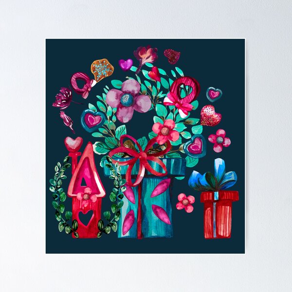 Item preview, Birthday gift boxes surrounded by hearts and flowers designed and sold by IngaDesign.