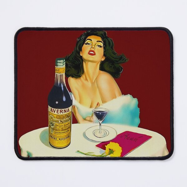 Item preview, Vintage Italian liqueur Averna Amaro Sicilia aperitif alcoholic beverage advertising brunette at cafe advertisement poster / posters for kitchen and dining room wall decor in rare oxblood red designed and sold by Jéanpaul Ferro.