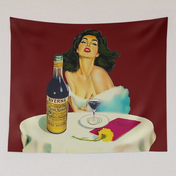 Item preview, Vintage Italian liqueur Averna Amaro Sicilia aperitif alcoholic beverage advertising brunette at cafe advertisement poster / posters for kitchen and dining room wall decor in rare oxblood red designed and sold by Jéanpaul  Ferro.