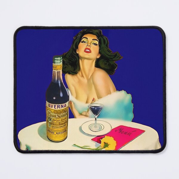 Item preview, Vintage Italian liqueur Averna Amaro Sicilia aperitif alcoholic beverage advertising brunette at cafe advertisement poster / posters for kitchen and dining room wall decor in rare dark blue designed and sold by Jéanpaul  Ferro.