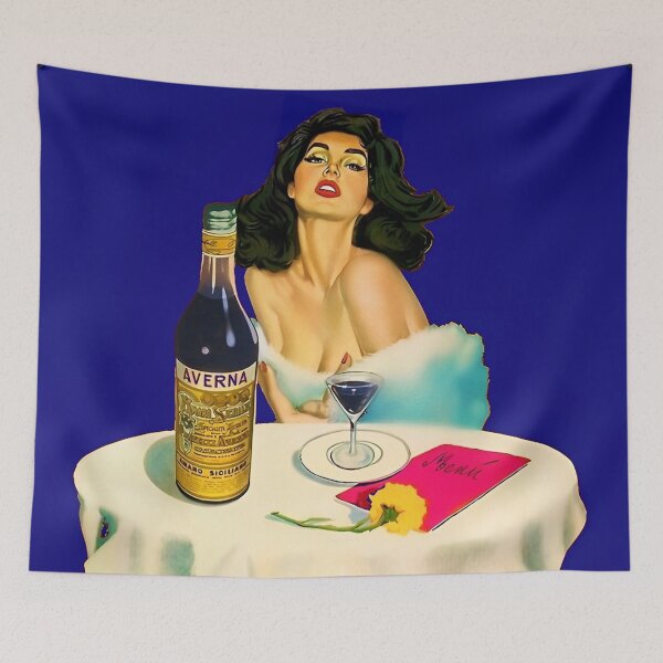Item preview, Vintage Italian liqueur Averna Amaro Sicilia aperitif alcoholic beverage advertising brunette at cafe advertisement poster / posters for kitchen and dining room wall decor in rare dark blue designed and sold by Jéanpaul  Ferro.