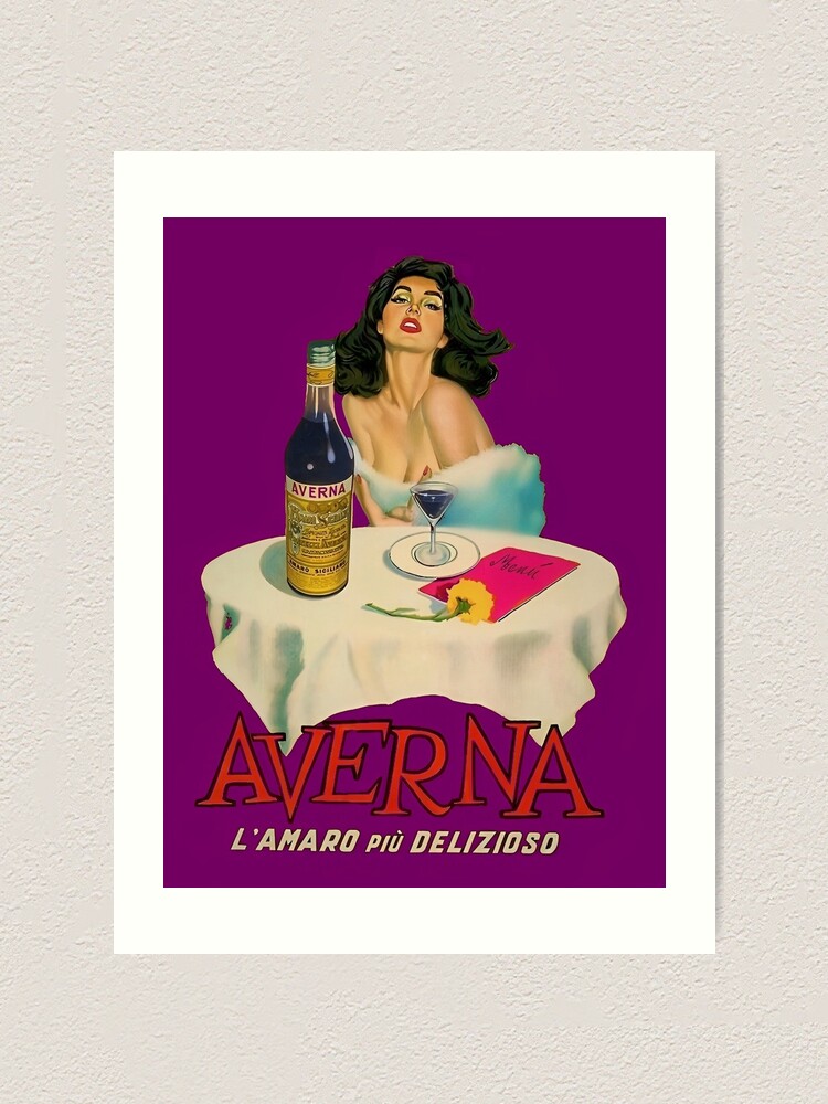 Vintage Italian liqueur Averna Amaro Sicilia aperitif alcoholic beverage  advertising brunette at cafe advertisement poster / posters for kitchen and  dining room wall decor in rare pink Art Print for Sale by