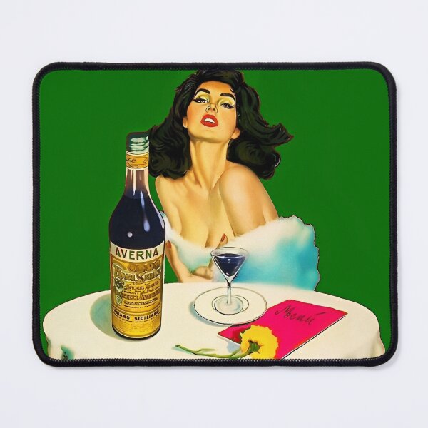 Item preview, Vintage Italian liqueur Averna Amaro Sicilia aperitif alcoholic beverage advertising brunette at cafe advertisement poster / posters for kitchen and dining room wall decor in rare green designed and sold by Jéanpaul Ferro.