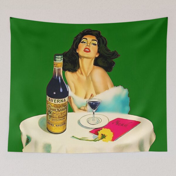 Item preview, Vintage Italian liqueur Averna Amaro Sicilia aperitif alcoholic beverage advertising brunette at cafe advertisement poster / posters for kitchen and dining room wall decor in rare green designed and sold by Jéanpaul  Ferro.