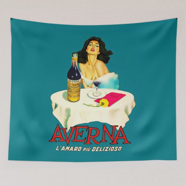 Item preview, Vintage Italian liqueur Averna Amaro Sicilia aperitif alcoholic beverage advertising brunette at cafe advertisement poster / posters for kitchen and dining room wall decor in light baby blue designed and sold by Jéanpaul  Ferro.
