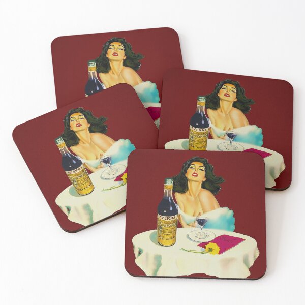 Item preview, Vintage Italian liqueur Averna Amaro Sicilia aperitif alcoholic beverage advertising brunette at cafe advertisement poster / posters for kitchen and dining room wall decor in rare oxblood red designed and sold by Jéanpaul  Ferro.