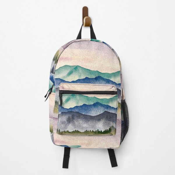 Item preview, Glowing Mountain Watercolor Landscape with Blue Mountains and Purple Sky designed and sold by Sockstomistic.