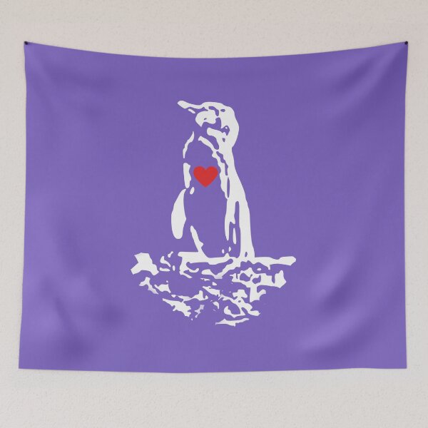 Artikelvorschau, Light Purple #795FC1 Background Galapagos Penguin White Penguin with Red Heart entworfen und verkauft von SBPenguins.