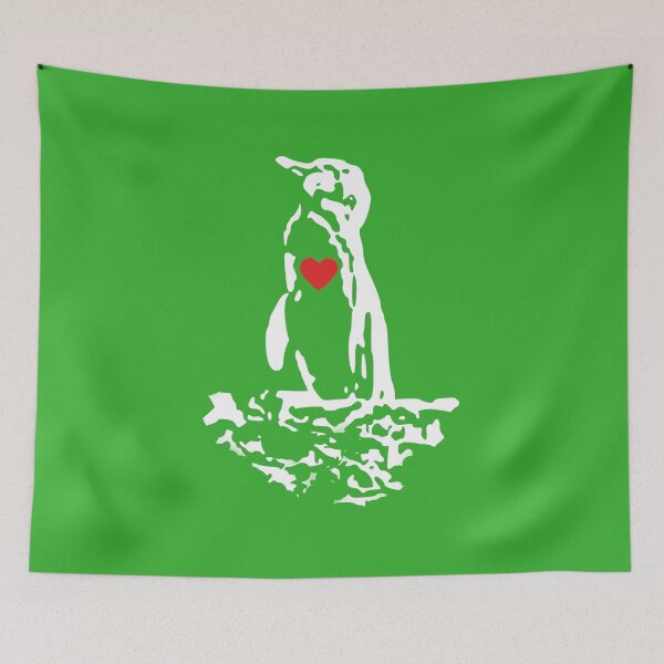 Artikelvorschau, Bright Green #35B02C Background Galapagos Penguin White Penguin with Red Heart entworfen und verkauft von SBPenguins.