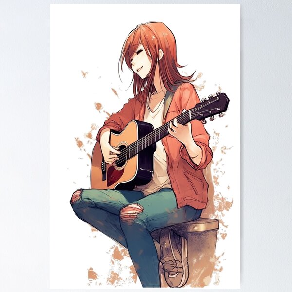 Anime Cat Girl Playing Guitar Poster 46x33 Anime Wall Art V3