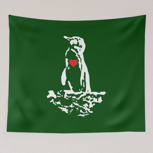 Artikelvorschau, Dark Green #014606 Background Galapagos Penguin White Penguin with Red Heart entworfen und verkauft von SBPenguins.