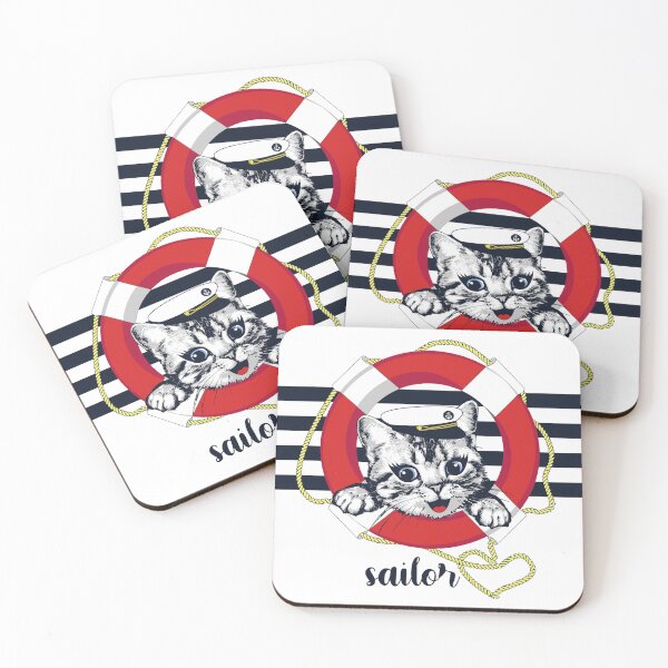 Item preview, Happy kitten looks out of  lifebuoy. Marine illustration.  designed and sold by Marina Smorodinskaya.