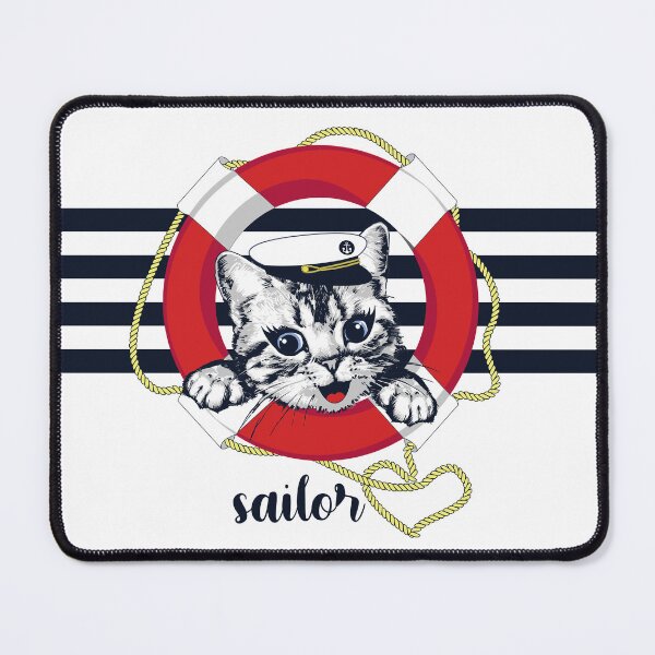 Item preview, Happy kitten looks out of  lifebuoy. Marine illustration.  designed and sold by Marina Smorodinskaya.