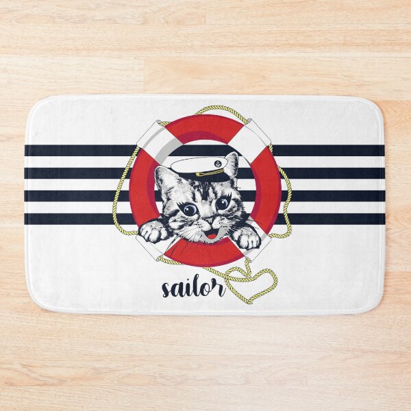 Item preview, Happy kitten looks out of  lifebuoy. Marine illustration.  designed and sold by Marina Smorodinskaya.
