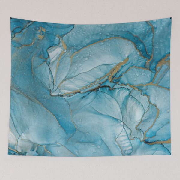 Item preview, Royal cyan mint liquid marble watercolor background with gold lines. Teal turquoise marbled alcohol ink drawing effect. Contemporary liquid painting texture with bronze brush strokes designed and sold by MTShoppingLine.