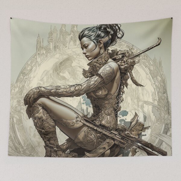Item preview, the gate keeper drawing- beautiful woman-fine pen point art-rifle-ai-faminine-sexy designed and sold by Hermossa-Art.