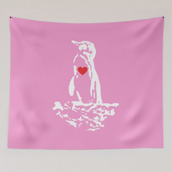 Artikelvorschau, Pink #F699CD Background Galapagos Penguin White Penguin with Red Heart entworfen und verkauft von SBPenguins.