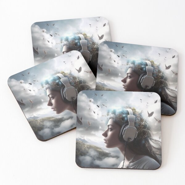 Item preview, "Fantastical Musical Reverie Digital Art: Portrait of Young Woman with Headphones, Music-Transported Thoughts, Realism Meets Fantasy " designed and sold by stateofhuman.