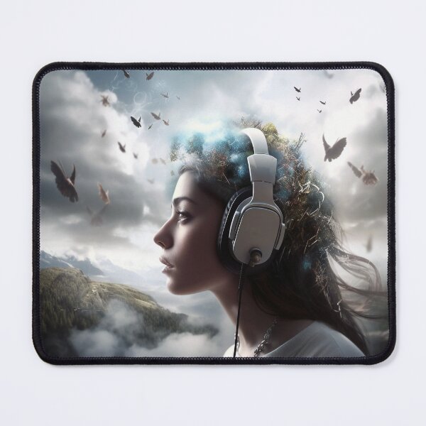 Item preview, "Fantastical Musical Reverie Digital Art: Portrait of Young Woman with Headphones, Music-Transported Thoughts, Realism Meets Fantasy " designed and sold by stateofhuman.