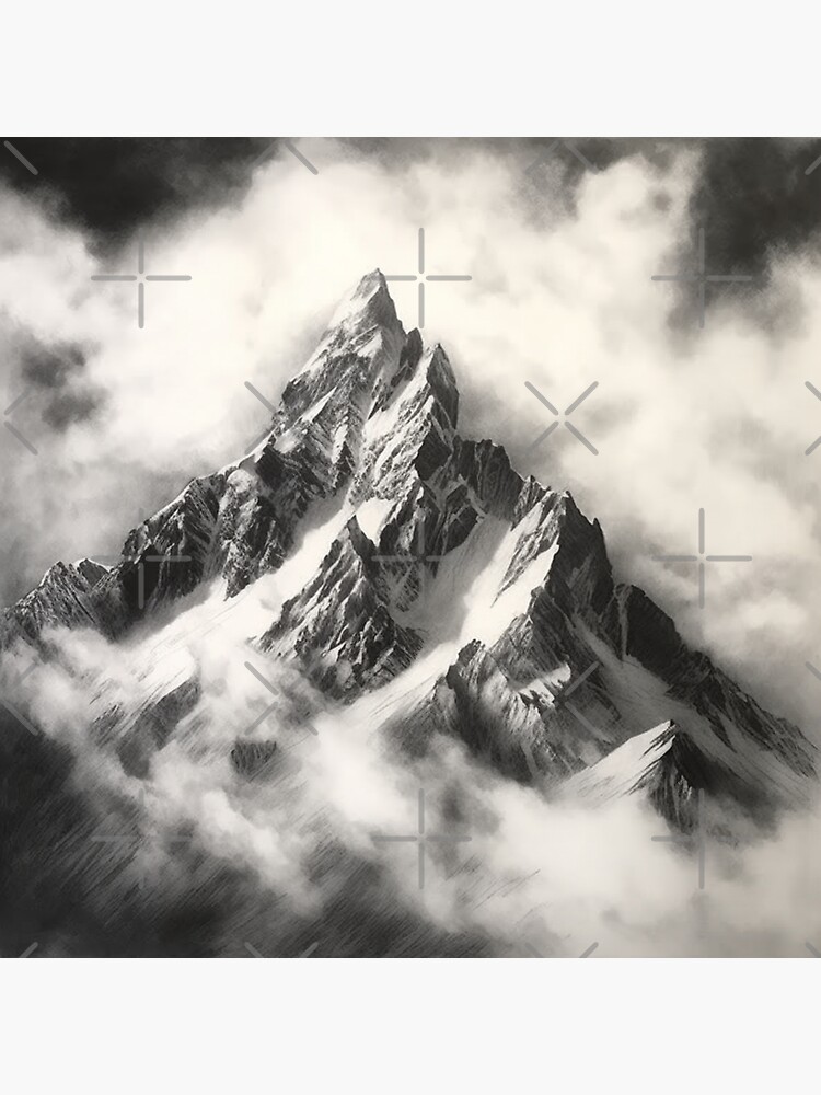 Black and White Charcoal Drawing of a Mountain Sticker for Sale