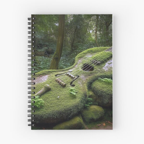 Aperçu de l'œuvre Nature's Melody: Guitare recouverte de mousse dans l'art numérique de la forêt, paysage photoréaliste inspiré par la musique et la tranquillité créée et vendue par stateofhuman.