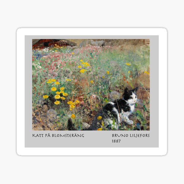Vista previa del artículo con la obra «Bruno Liljefors - Gato en macizo de flores (Katt på blomsteräng)», diseñado y vendido por PawsAndCoffeeCo.
