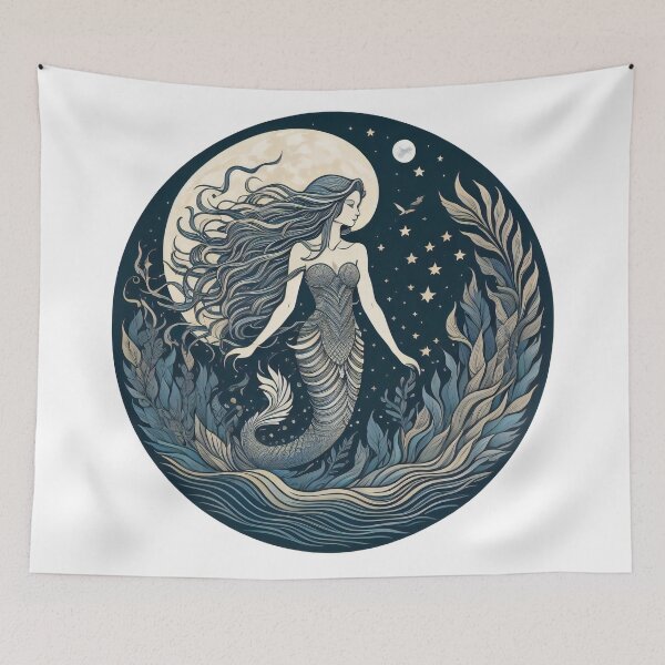 Item preview, Beautiful mermaid with long hair in the moonlight designed and sold by Sanan Israyilli.