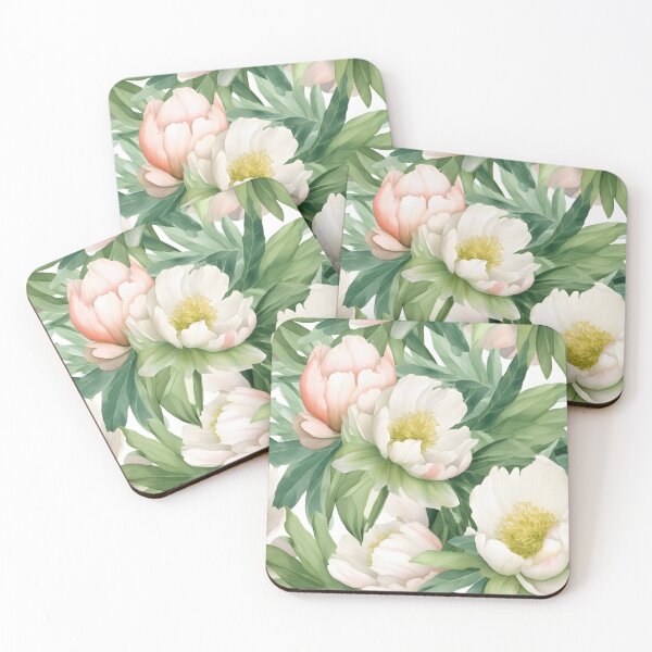 Item preview, Dreamy and soft watercolor drawing of fresh green leaves and bright Peonies in a seamless pattern designed and sold by SeamlessGuru.