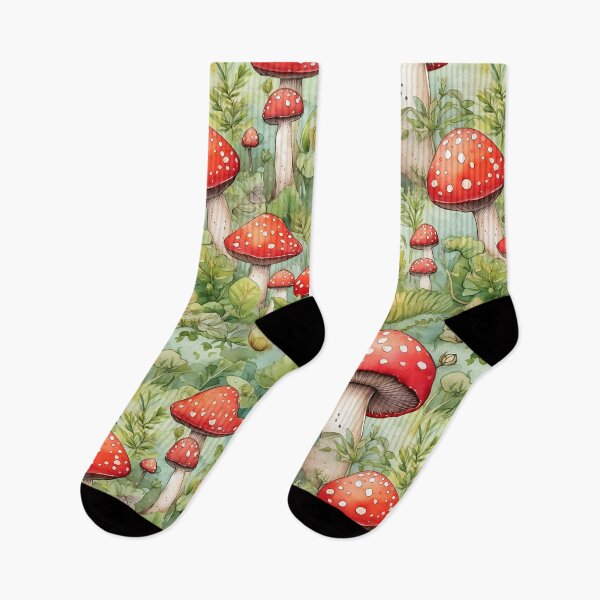 Item preview, Seamless watercolor style pattern of drawning red mushrooms in the grass designed and sold by SeamlessGuru.