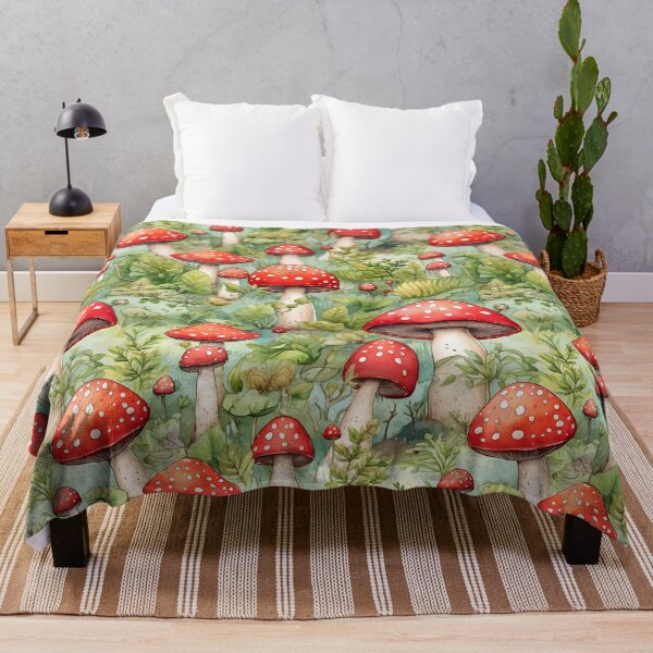 Item preview, Seamless watercolor style pattern of drawning red mushrooms in the grass designed and sold by SeamlessGuru.